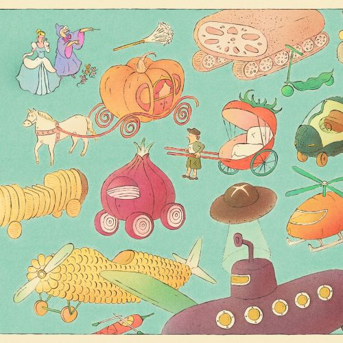Whimsical floating vehicles like pumpkin car and submarine by Tianyi You