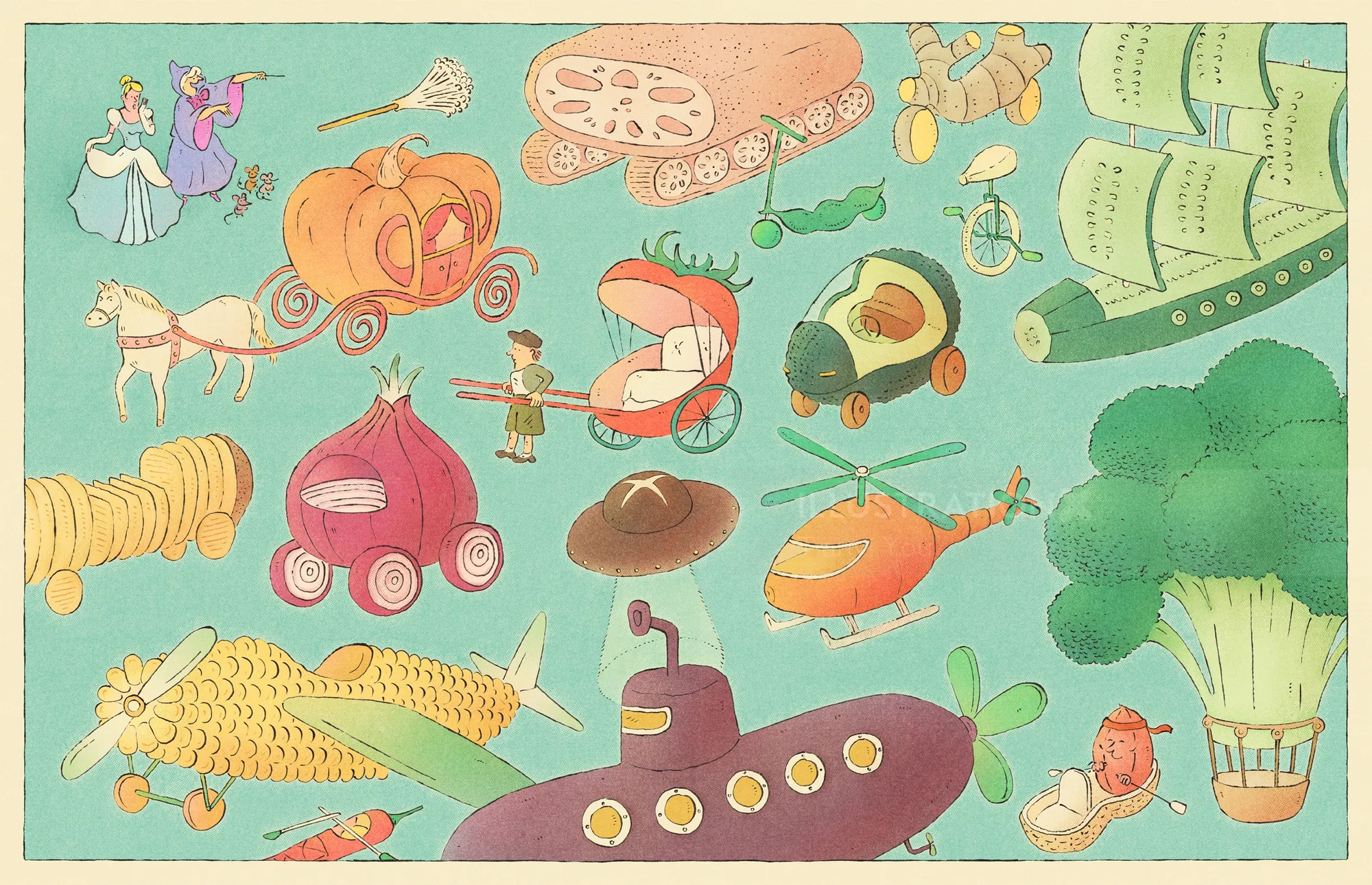 Whimsical floating vehicles like pumpkin car and submarine by Tianyi You