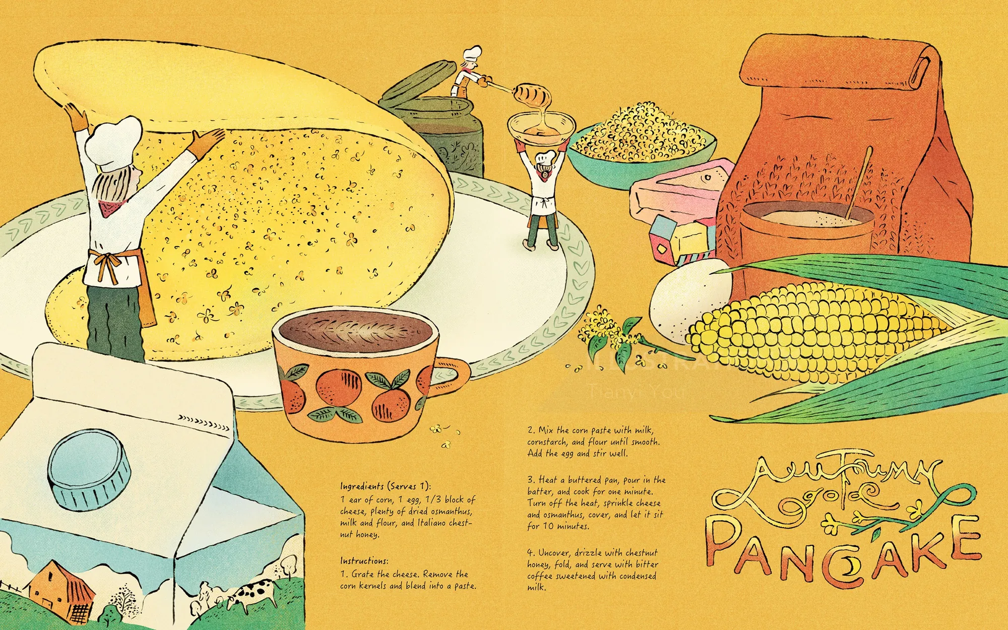 Illustrated osmanthus milk pancake recipe with chefs and ingredients by Tianyi You