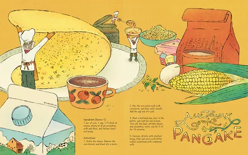 Illustrated osmanthus milk pancake recipe with chefs and ingredients by Tianyi You