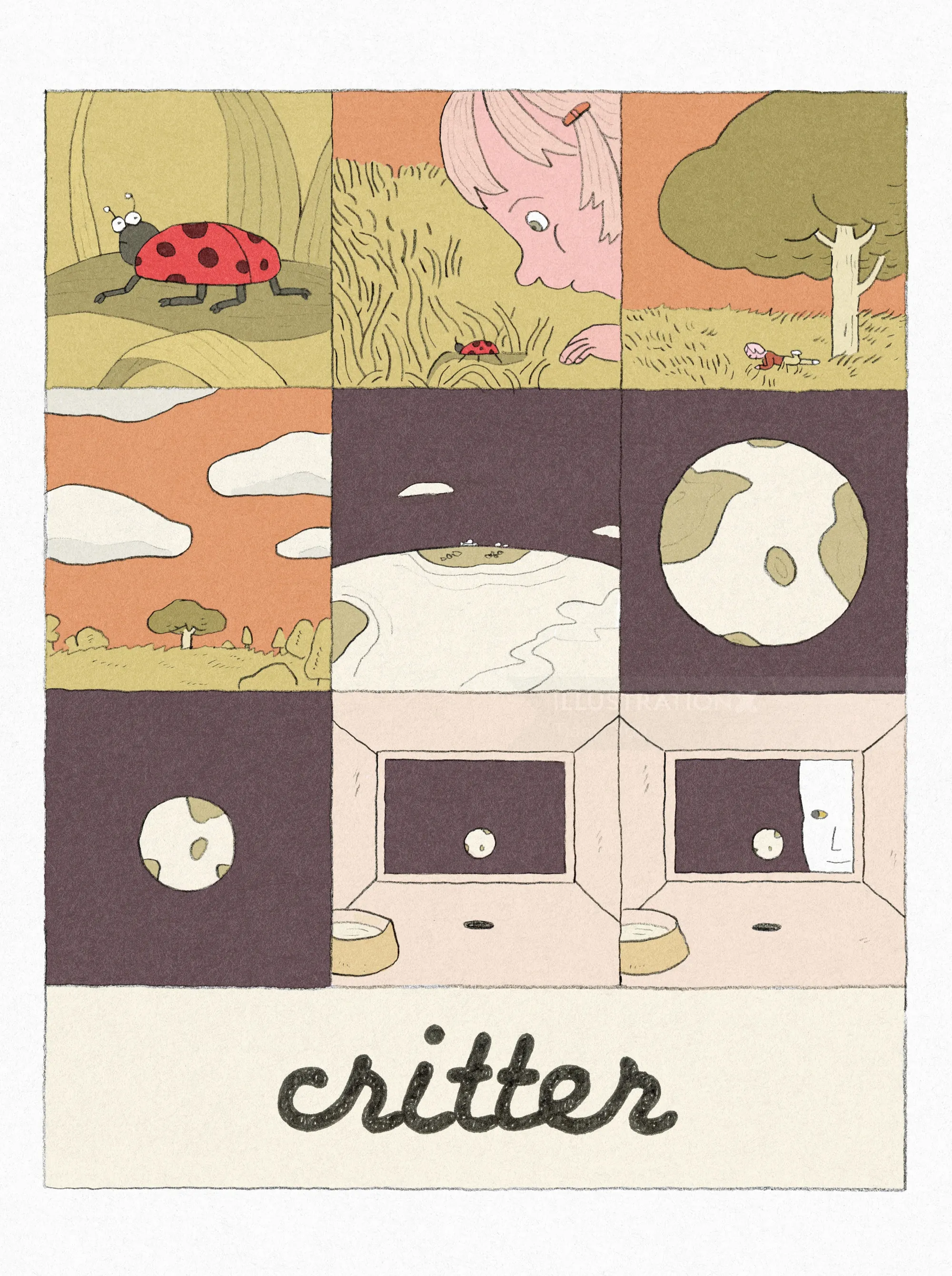 Crayon-style drawing depicting a ladybug and various nature scenes by Tianyi You