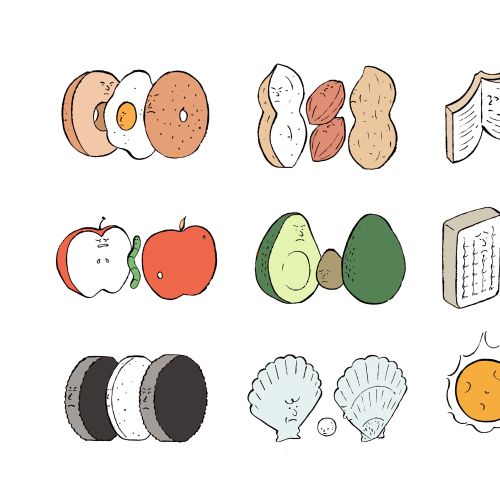 Illustration of paired foods and objects, contrasting similarities and differences by Tianyi You