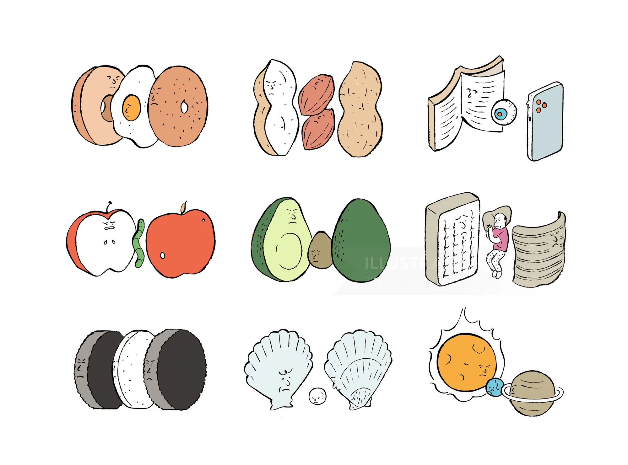 Illustration of paired foods and objects, contrasting similarities and differences by Tianyi You