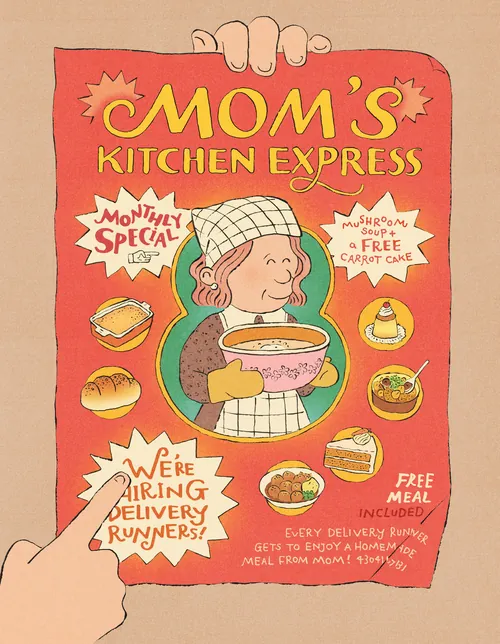 Mom holding a Mom's Kitchen Express promotional poster artwork by Tianyi You