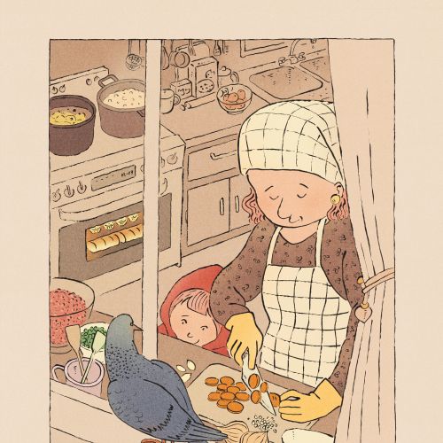 Little Red Riding Hood's mom cutting carrots in kitchen with child and bird by window, by Tianyi You