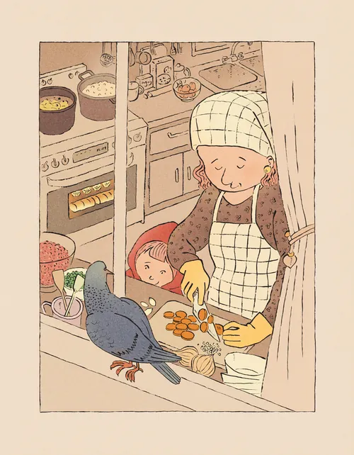 Little Red Riding Hood's mom cutting carrots in kitchen with child and bird by window, by Tianyi You