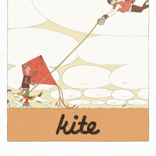 Person in red shirt flying a kite, artwork by Tianyi You
