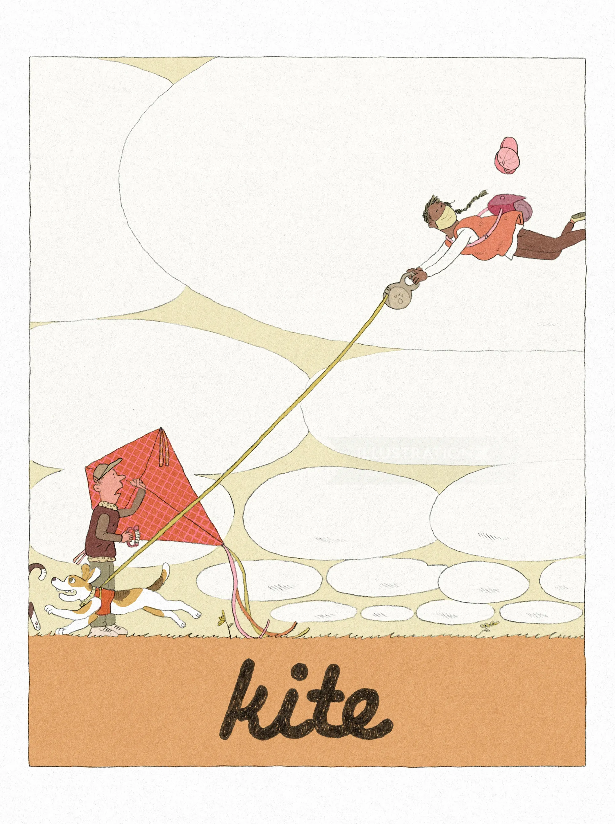 Person in red shirt flying a kite, artwork by Tianyi You
