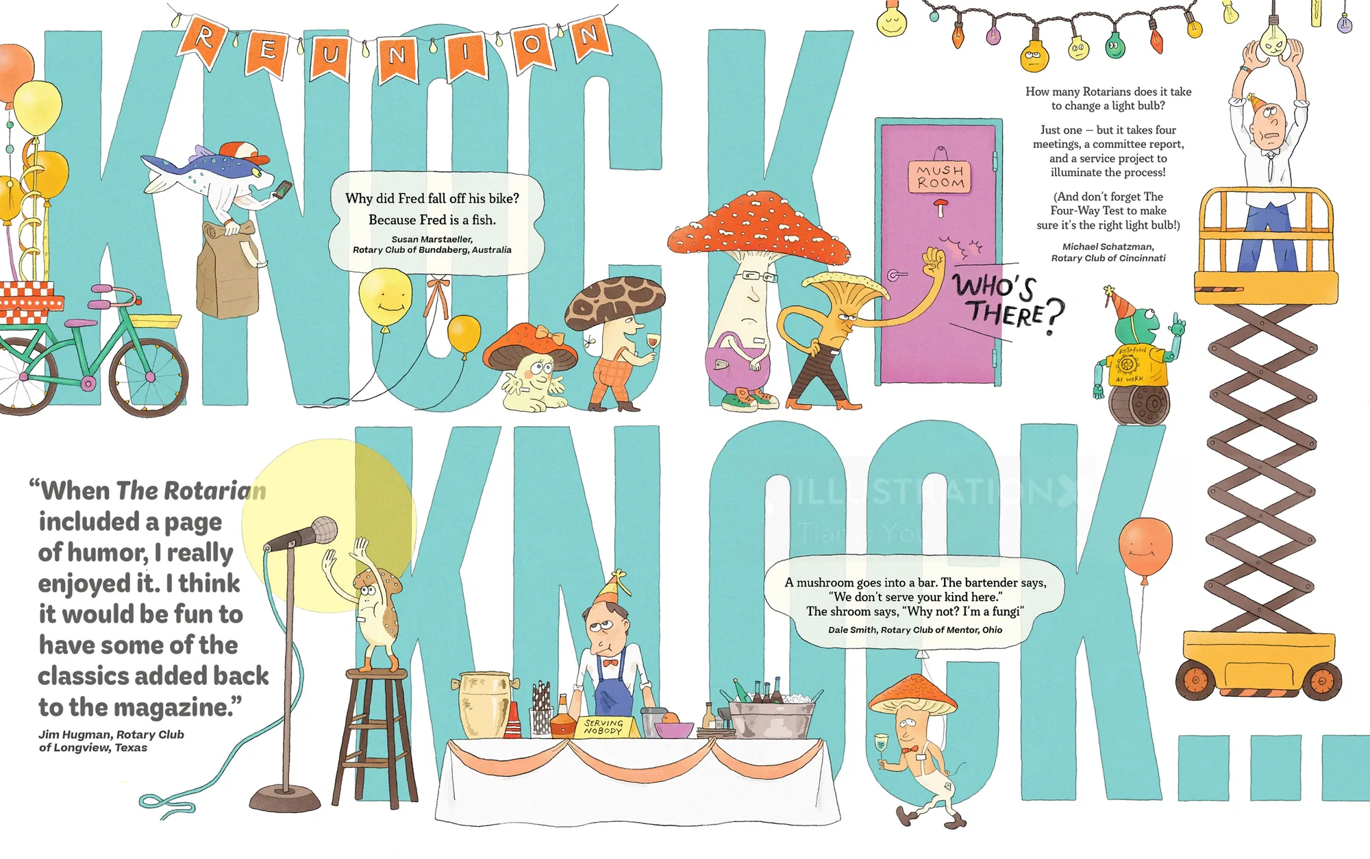 Opener and spot illustrations for Rotary Magazine Happiness Issue