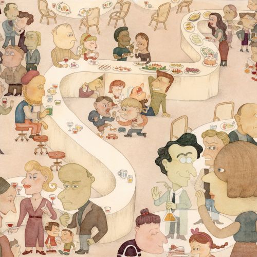 Illustration of a busy office scene with diverse characters by Tianyi You