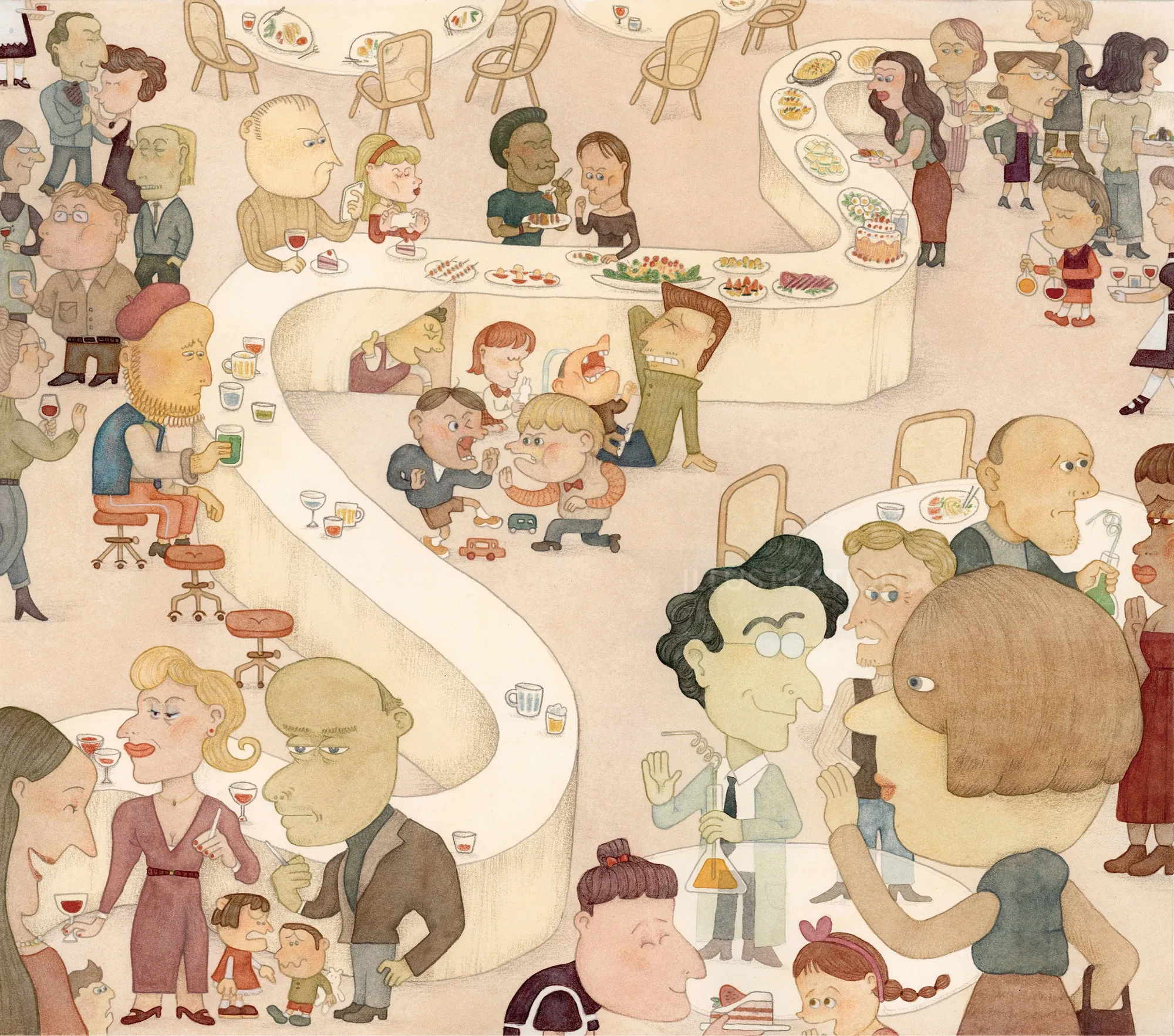 Illustration of a busy office scene with diverse characters by Tianyi You