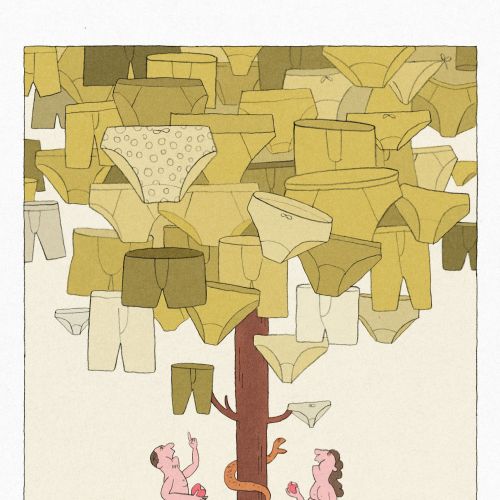 Drawing of a tree with underwear as leaves and two people below by Tianyi You