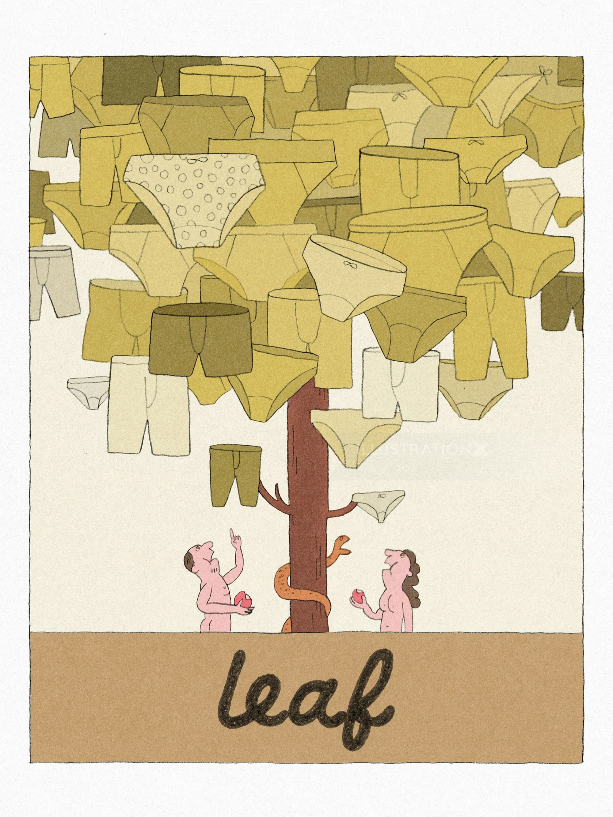 Drawing of a tree with underwear as leaves and two people below by Tianyi You