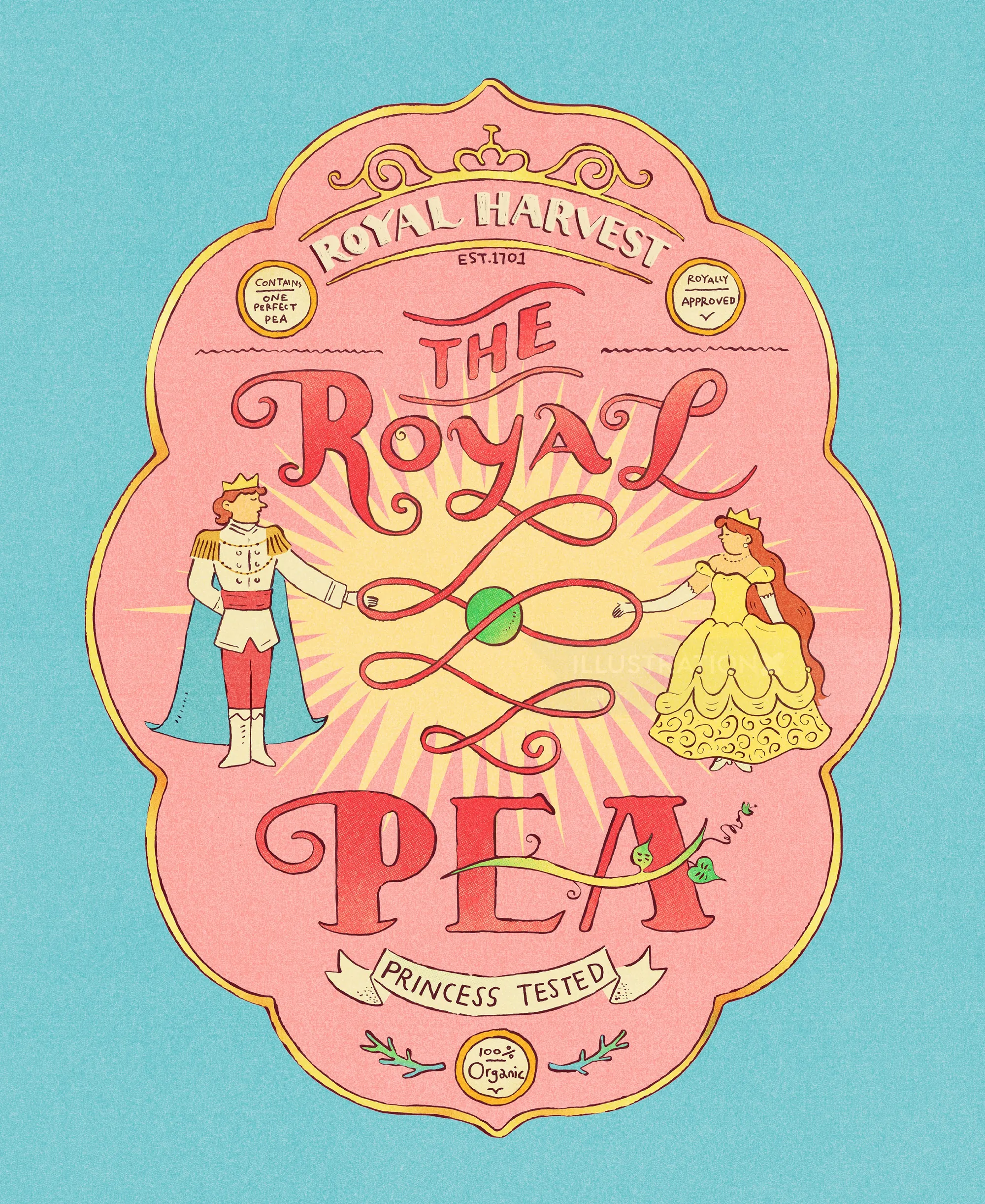 Hand-lettered design of The Royal Pea package by Tianyi You
