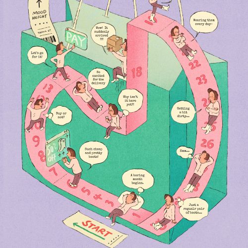 Playful calendar artwork showing shopping moods