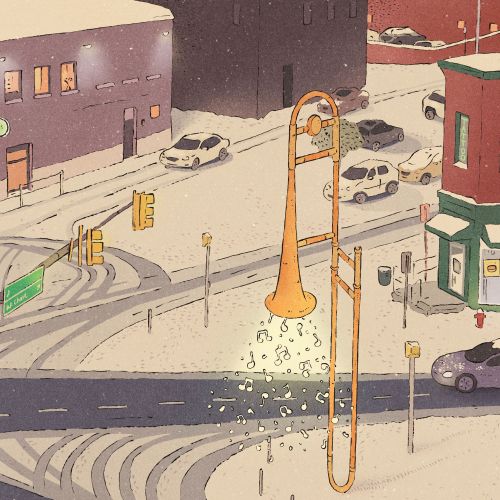 Quiet city intersection during snowfall