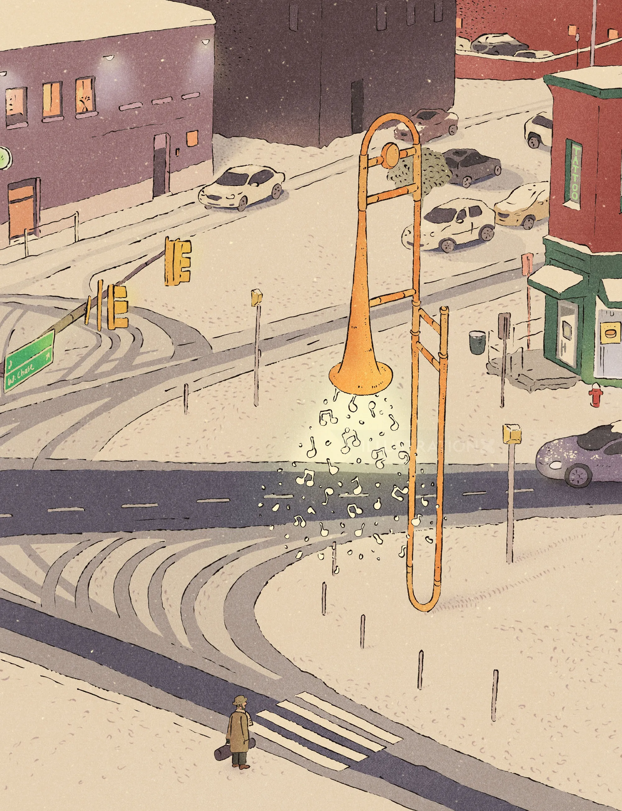 Quiet city intersection during snowfall
