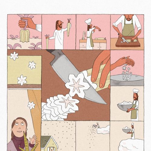 Illustration of a person cutting paper snowflakes by Tianyi You