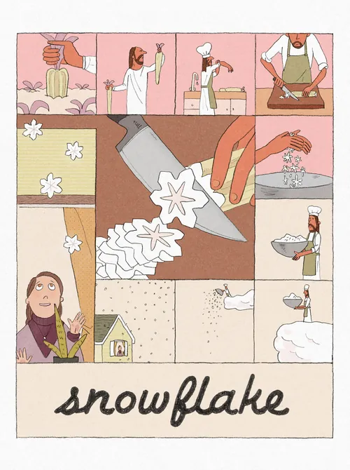 Illustration of a person cutting paper snowflakes by Tianyi You