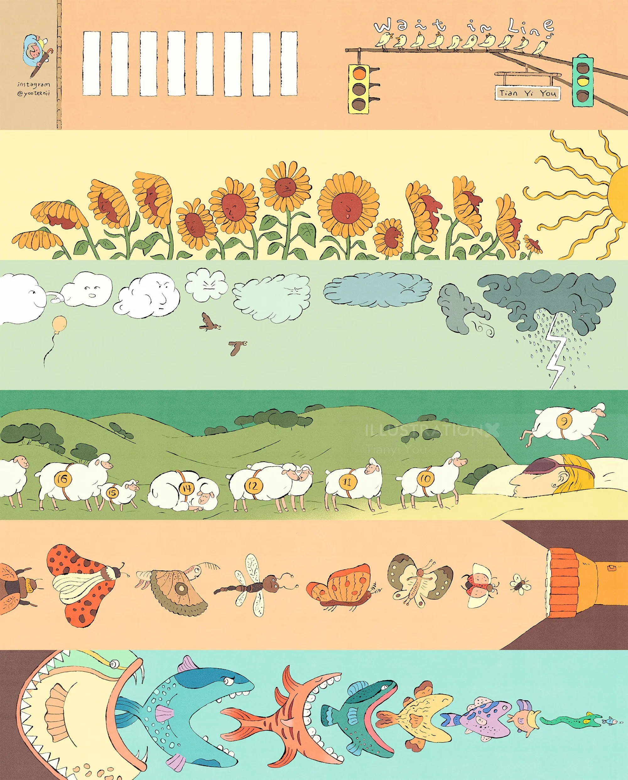 Colorful comic panels showing animals, plants, and nature by Tianyi You