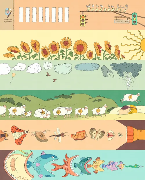 Colorful comic panels showing animals, plants, and nature by Tianyi You