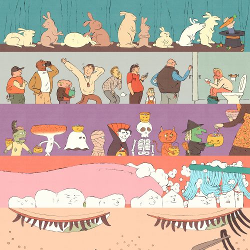 Graphic illustration of queue and everyday life moments
