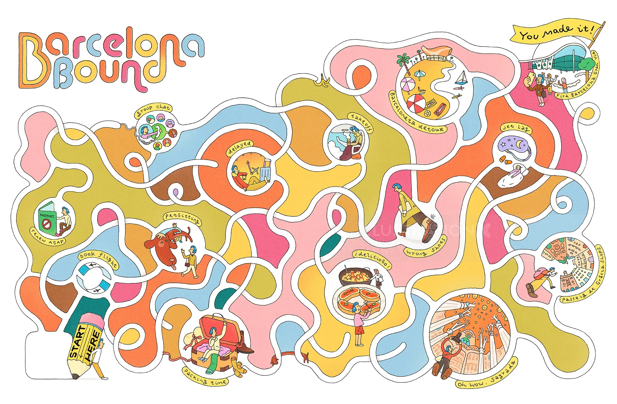 Ilustração do labirinto Rotary com tema de Barcelona por Tianyi You
