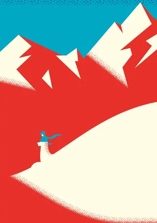 Minimalist snowy mountain scene with a person wearing a scarf by Tim Weiffenbach