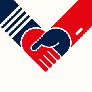 Stylized red and blue hands shaking by Tim Weiffenbach