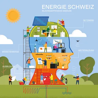 Illustration of people working inside human head symbolizing energy and education by Tim Weiffenbach