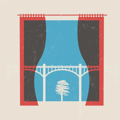 Illustration of tree seen through window with curtains by Tim Weiffenbach