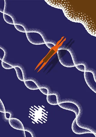 Abstract swimmer moving through swirling water currents by shoreline by Tim Weiffenbach