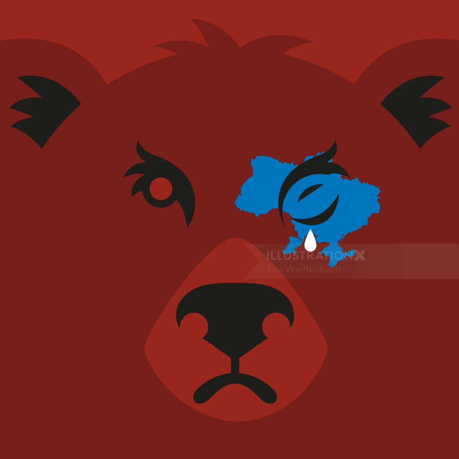 Bear face with blue Ukraine map and a tear, illustration by Tim Weiffenbach