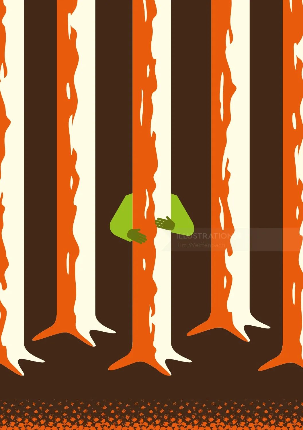Green hands reaching from behind orange and cream trees by Tim Weiffenbach