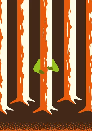 Green hands reaching from behind orange and cream trees by Tim Weiffenbach