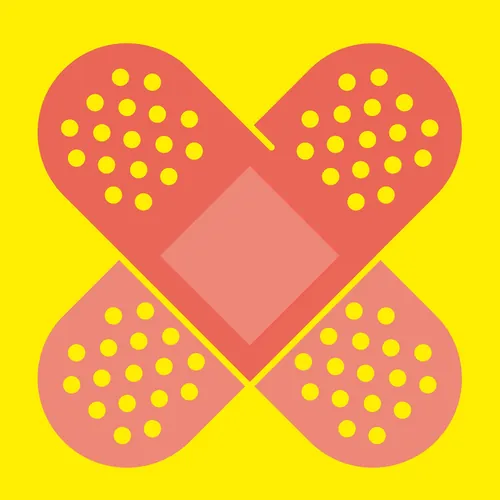 Illustration of crossed adhesive bandages on yellow background by Tim Weiffenbach