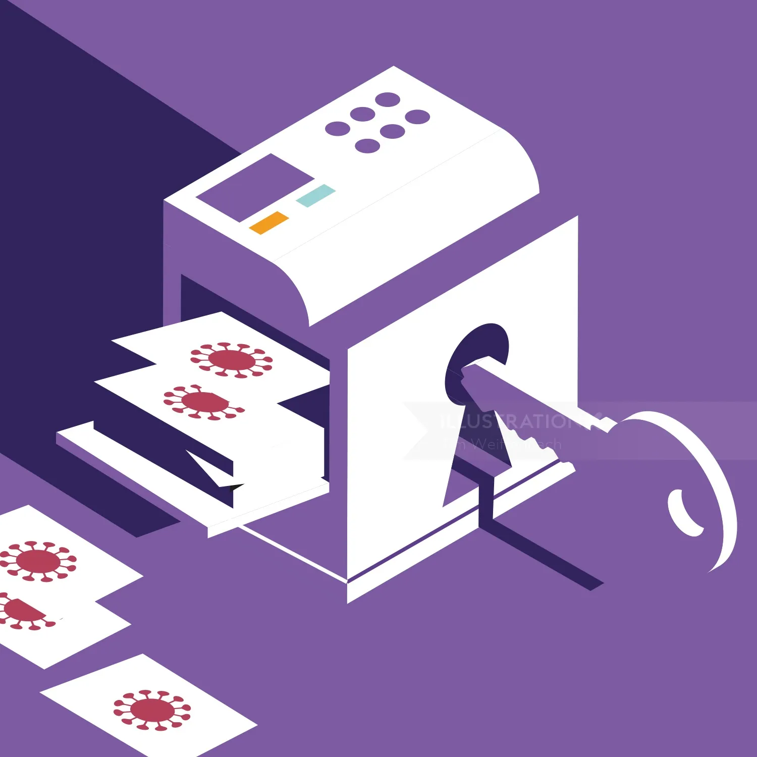 Printer producing virus symbol sheets operated by a large key by Tim Weiffenbach