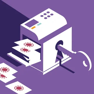 Printer producing virus symbol sheets operated by a large key by Tim Weiffenbach