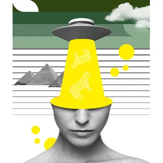 Surreal art of woman with UFO beam and Egyptian pyramids in background