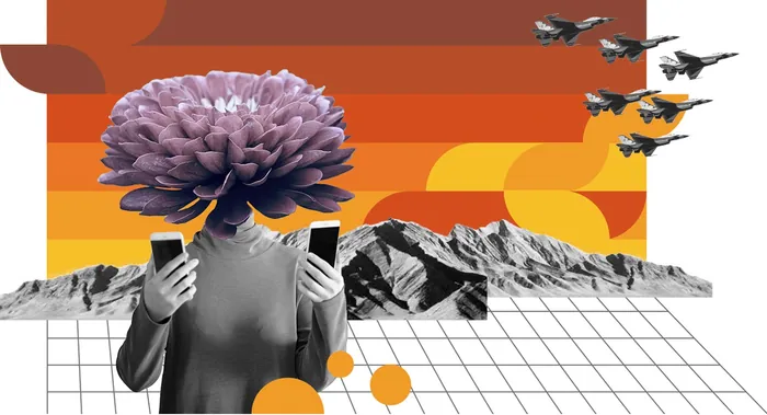 Person with flower head holding smartphones, mountains and planes in background