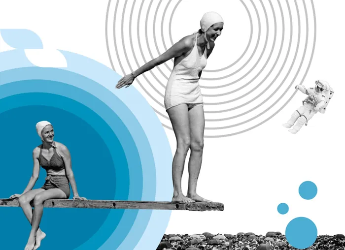 Two women on diving board with astronaut floating in space background