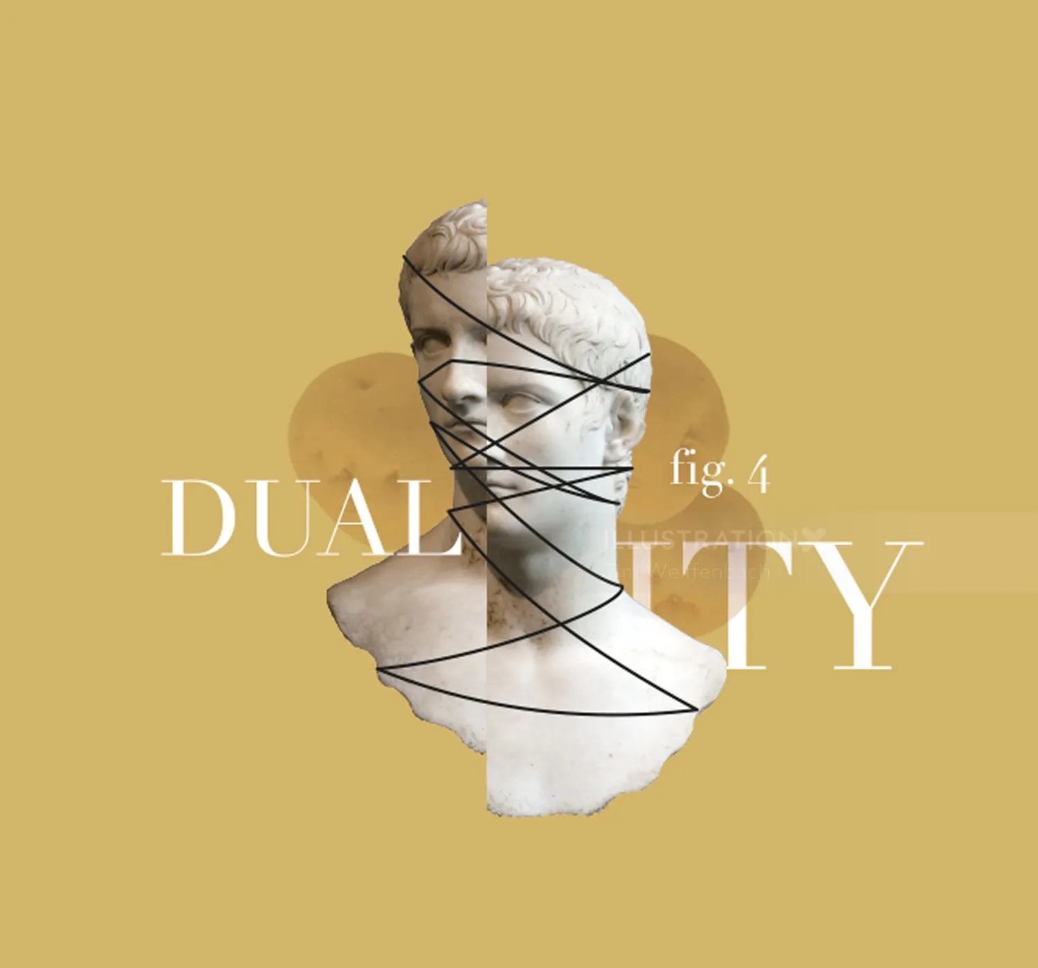 Classical bust sculpture with two faces and black abstract lines