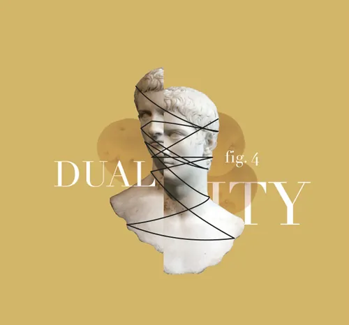 Classical bust sculpture with two faces and black abstract lines