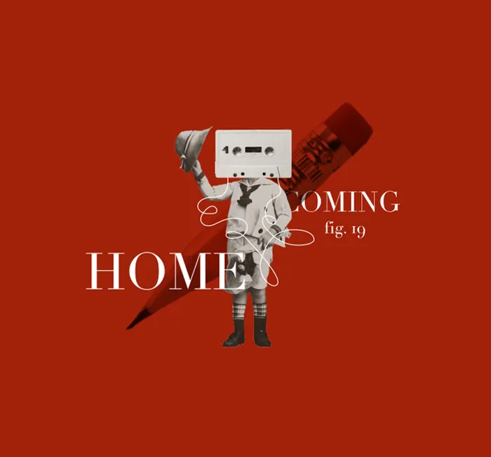 Person with cassette tape head standing in front of a large red pencil