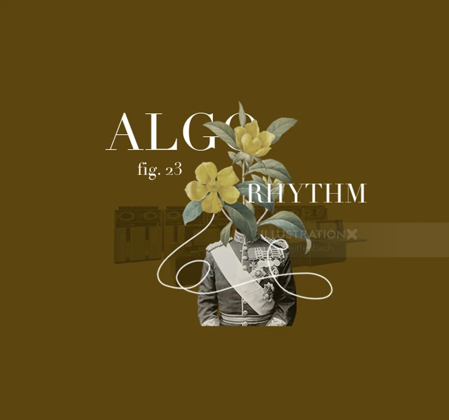 Collage of soldier figure with yellow flowers and text on brown background