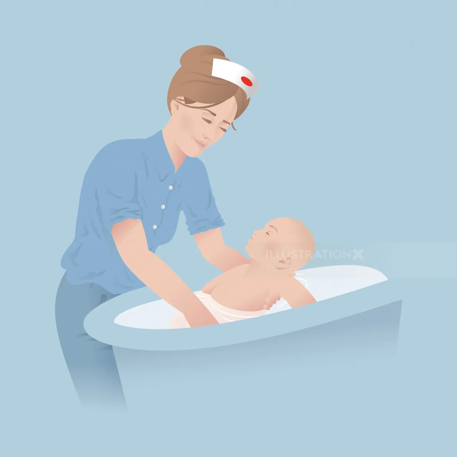 Nurse giving a bath to a baby in a tub
