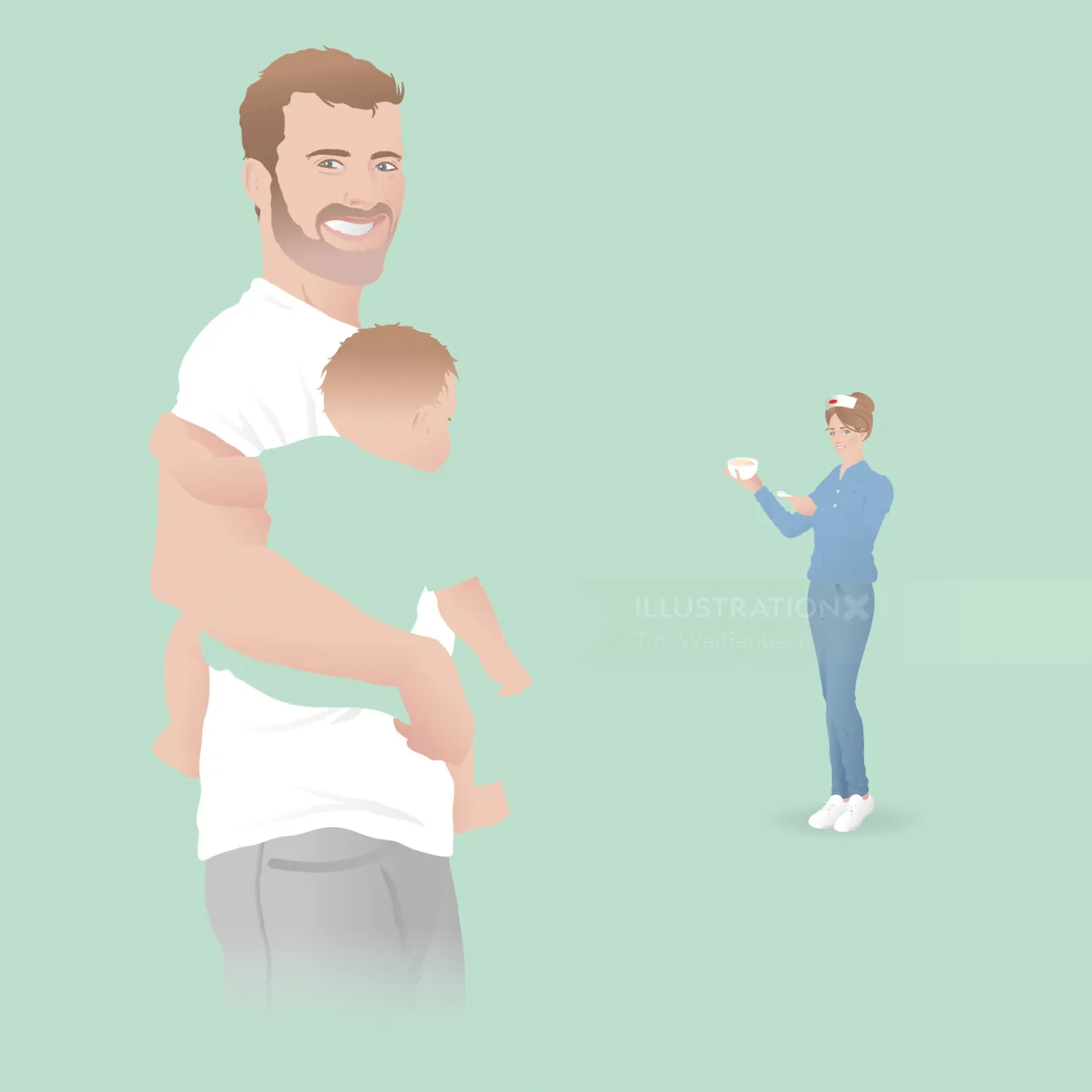 Man holding baby and woman taking picture