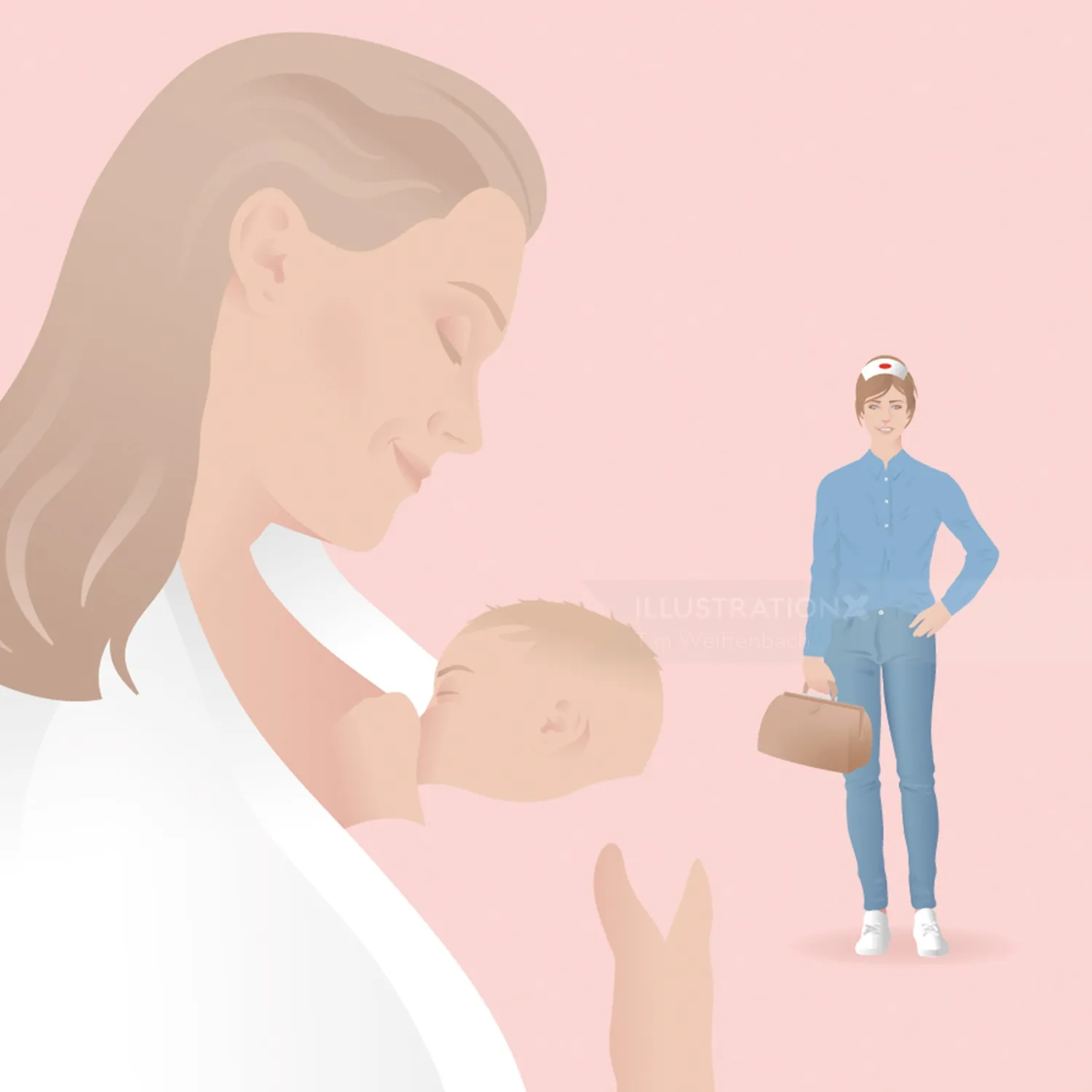 Mother breastfeeding infant with nurse holding medical bag nearby