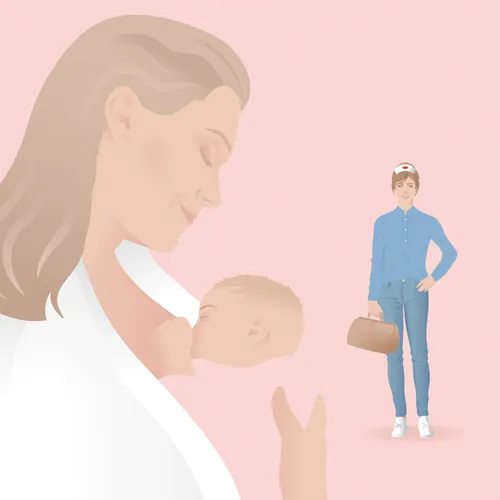 Mother breastfeeding infant with nurse holding medical bag nearby