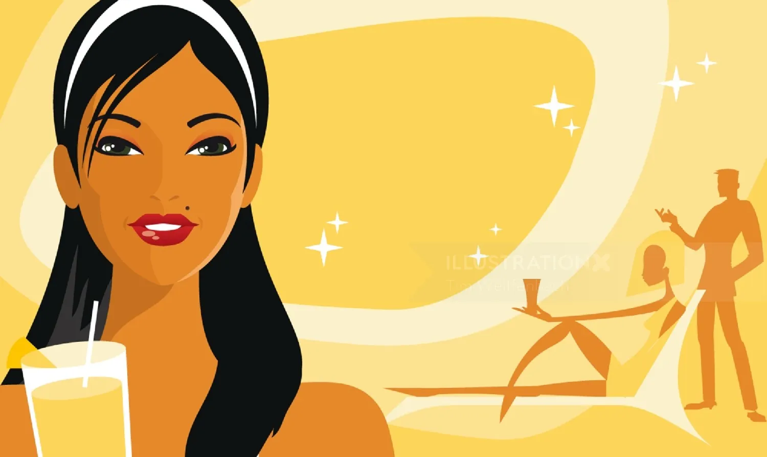 Illustration of woman with drink in retro lounge by Tim Weiffenbach